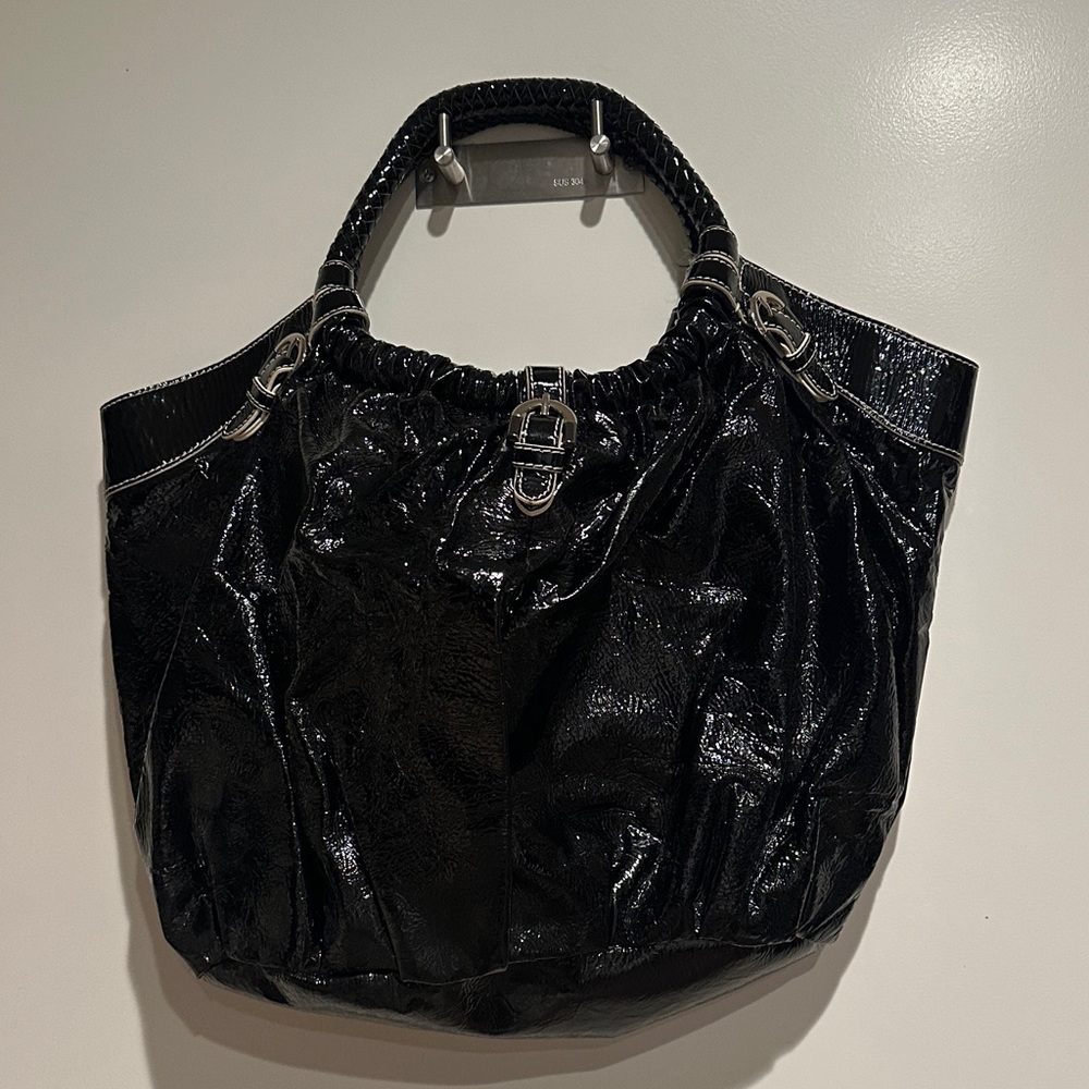 Black shiny Patent Tote Bag with Silver Hardware